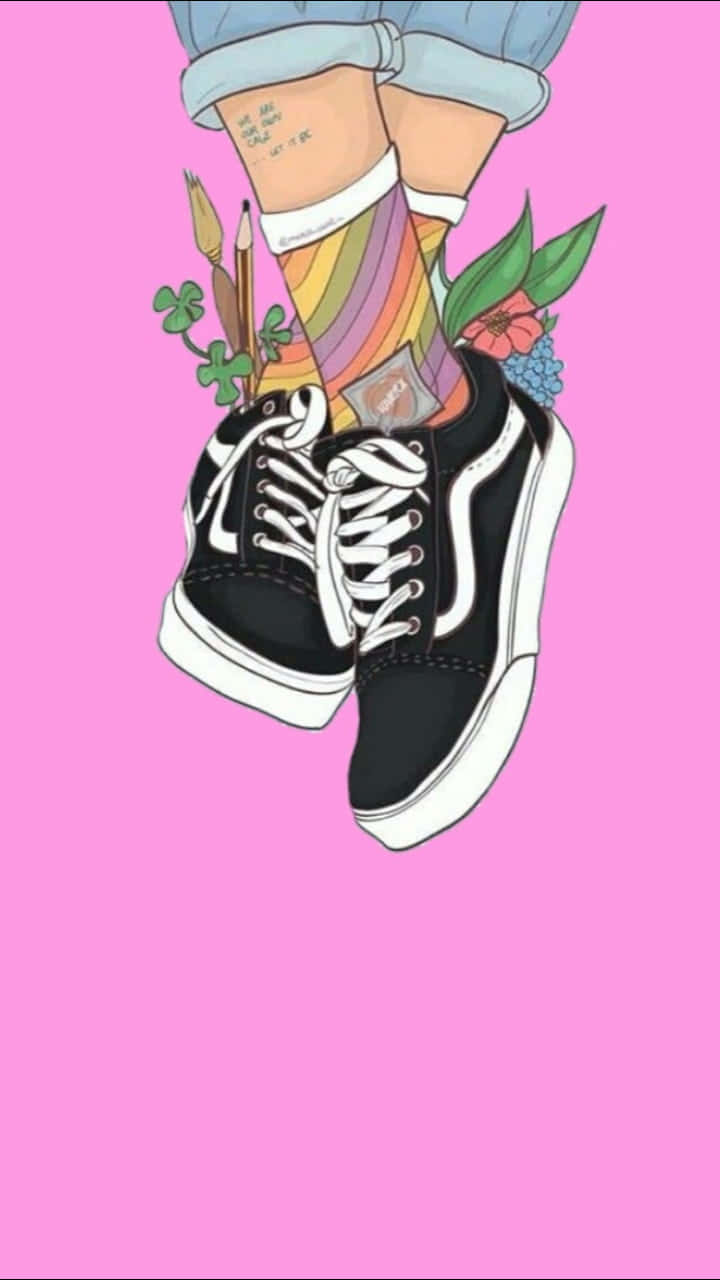 Cute Shoes 桌布 壁紙 — 插圖中的腳穿著黑色運動鞋和彩虹襪，漂浮在粉紅色背景上，鞋子裡長出藝術工具和花朵。