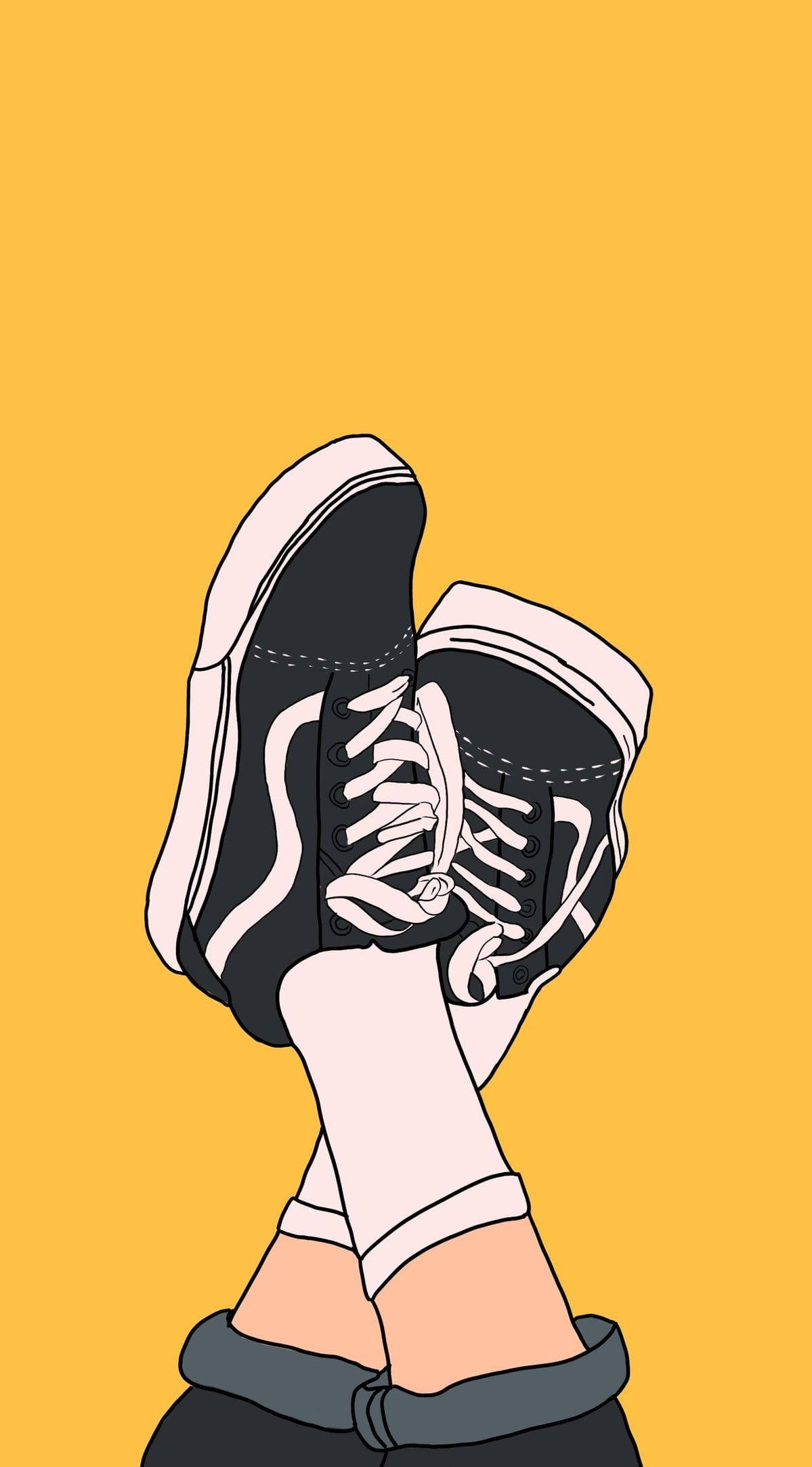 HD Design 桌布 壁紙 — 插圖中的雙腳穿著黑白運動鞋，在純黃色背景上抬起。