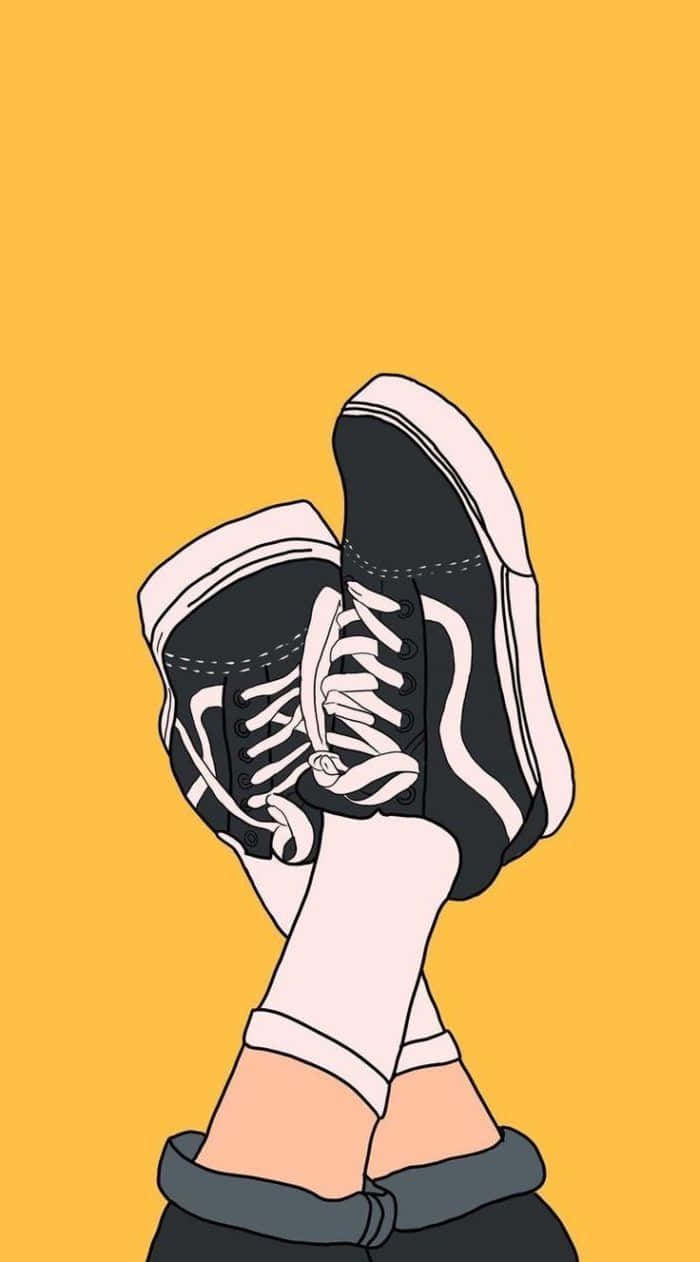 Cute Shoes 桌布 壁紙 — 插圖中的雙腳穿著黑白運動鞋，靠在純黃色背景上。
