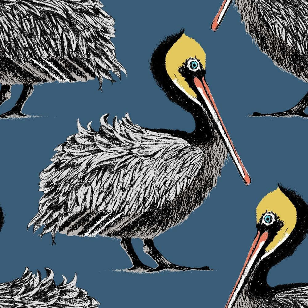 Pelicans 桌布 壁紙 — 插圖中的鵜鶘帶有紋理羽毛和黃色頭部，在深藍色背景上以重複圖案站立。