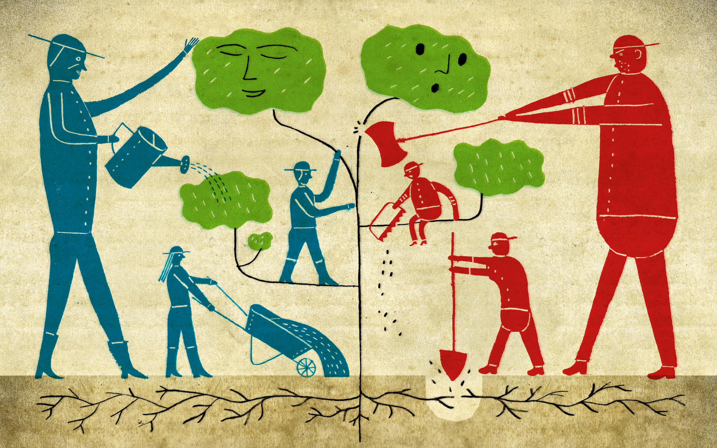 Illustration 桌布 壁紙 — 插圖中身穿藍色和紅色的工人正在種植和培育樹木，地面上有笑臉，地面下有樹根。