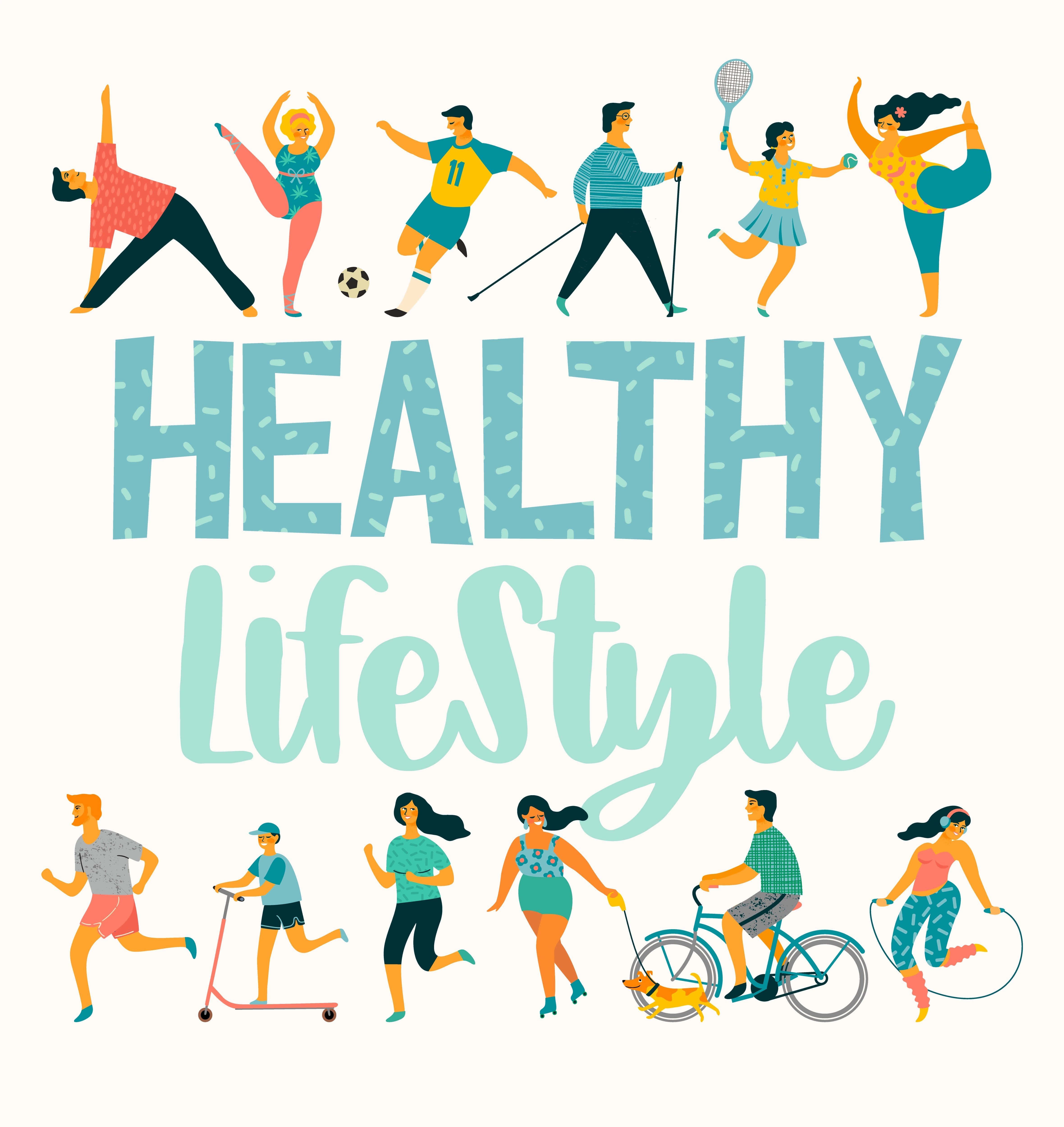 Lifestyle 桌布 壁紙 — 插圖人物在「Healthy Lifestyle」文字下進行多種健身活動，如瑜伽、跑步、騎腳踏車和跳舞。