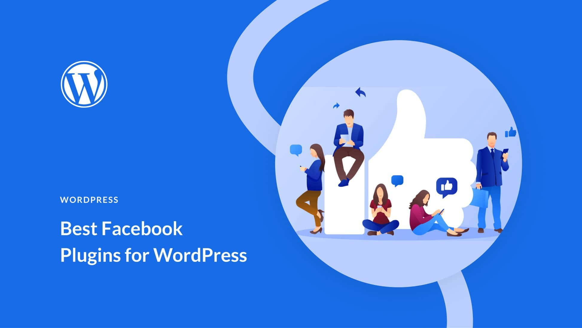 Facebook 桌布 壁紙 — 插圖人物在藍色背景上圍繞一個巨大的豎起大拇指圖示與Facebook和WordPress標誌互動。
