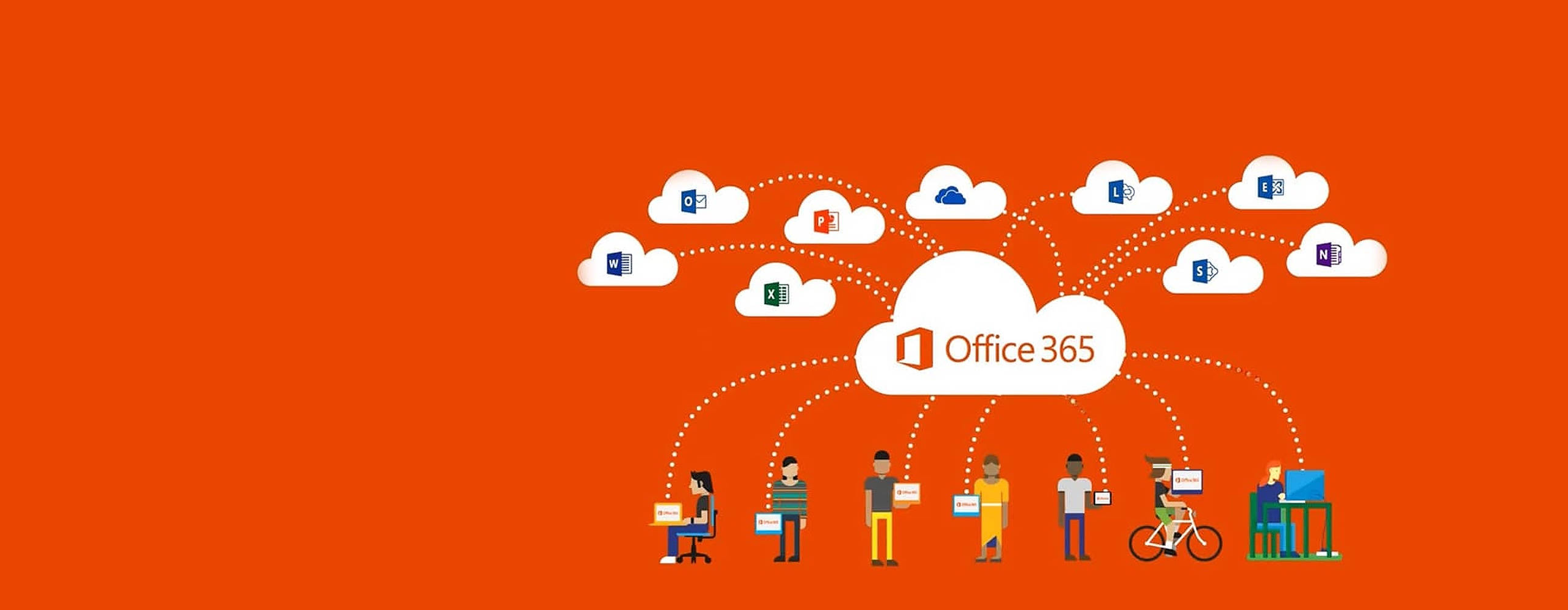 Office 365 桌布 壁紙 — 插圖人物在鮮豔的橙色背景上使用雲端圖示中的 Office 365 應用程式。