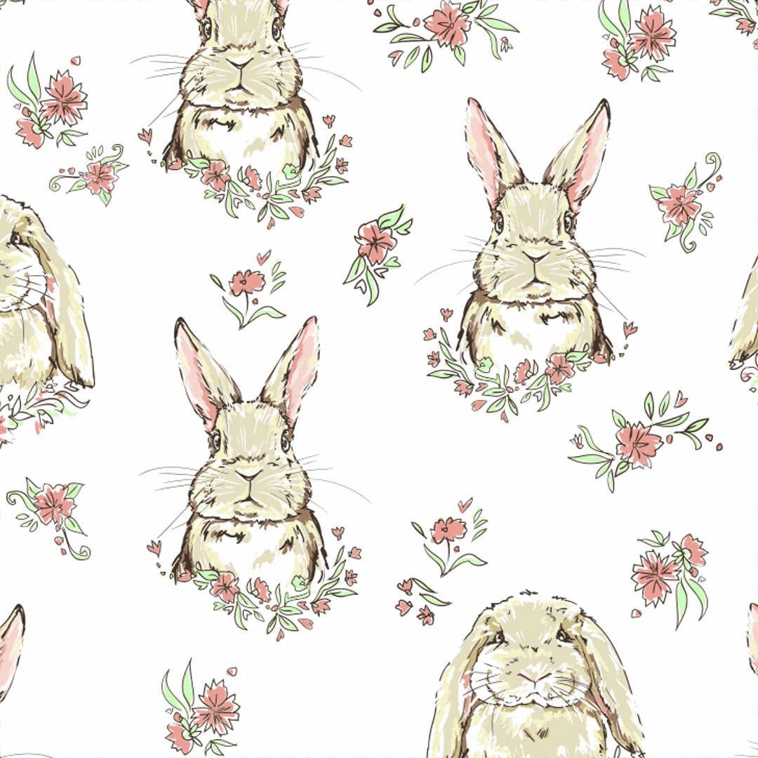 Cute Bunny 桌布 壁紙 — 插圖兔子配以花環，散落在白色背景上，採用柔和粉彩調。