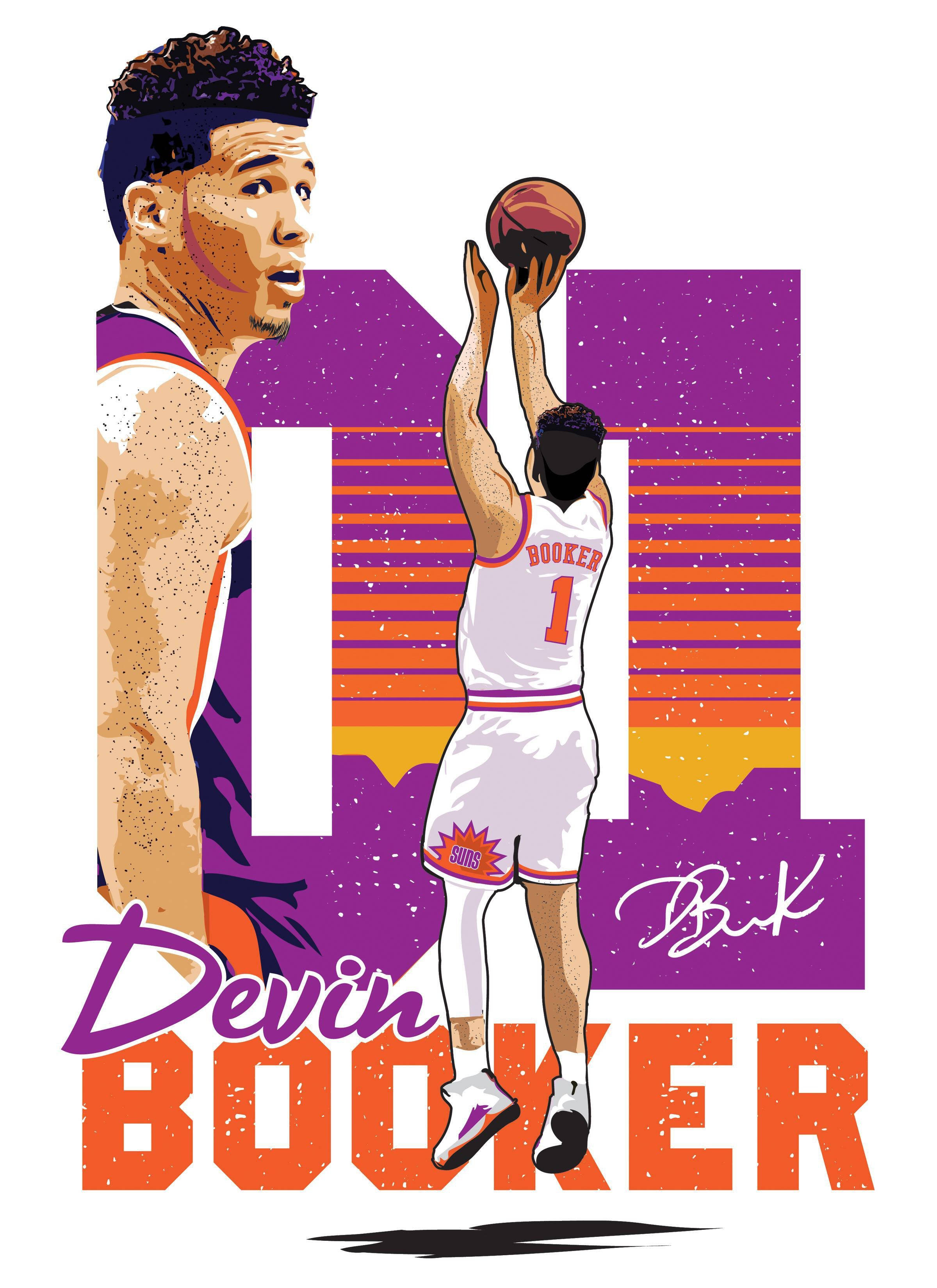 Devin Booker 桌布 壁紙 — 插圖化的籃球運動員 Devin Booker 在風格化的日落背景下投籃，他的名字和號碼突出顯示。