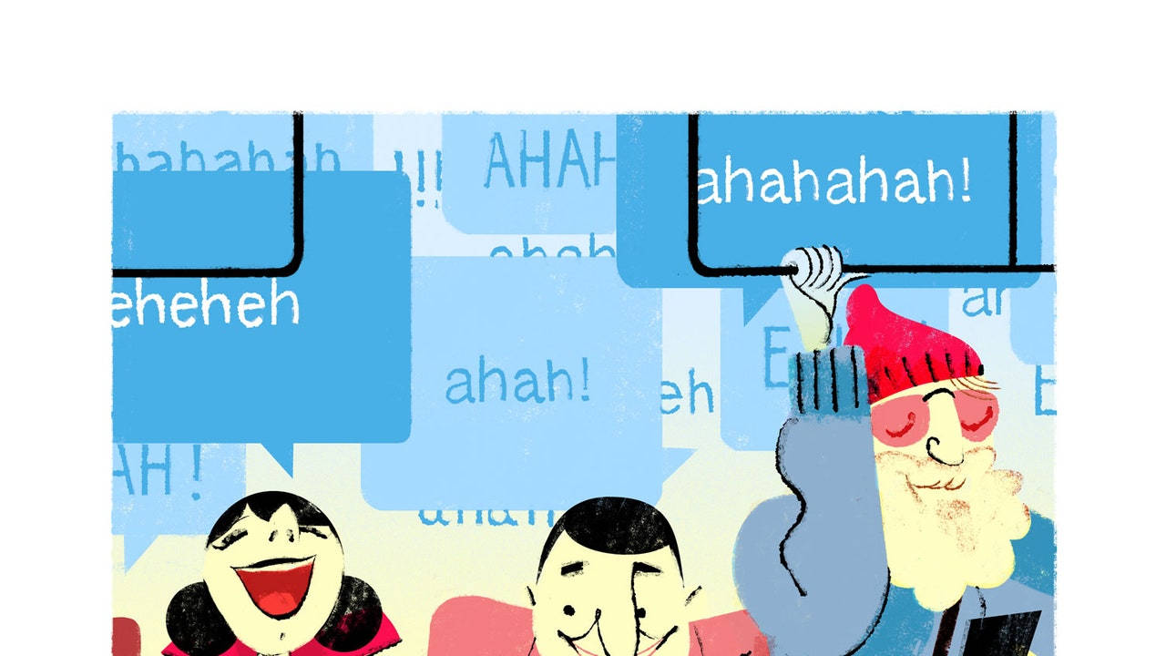 Hahaha 桌布 壁紙 — 插圖卡通人物開心大笑，對話框充滿笑聲。