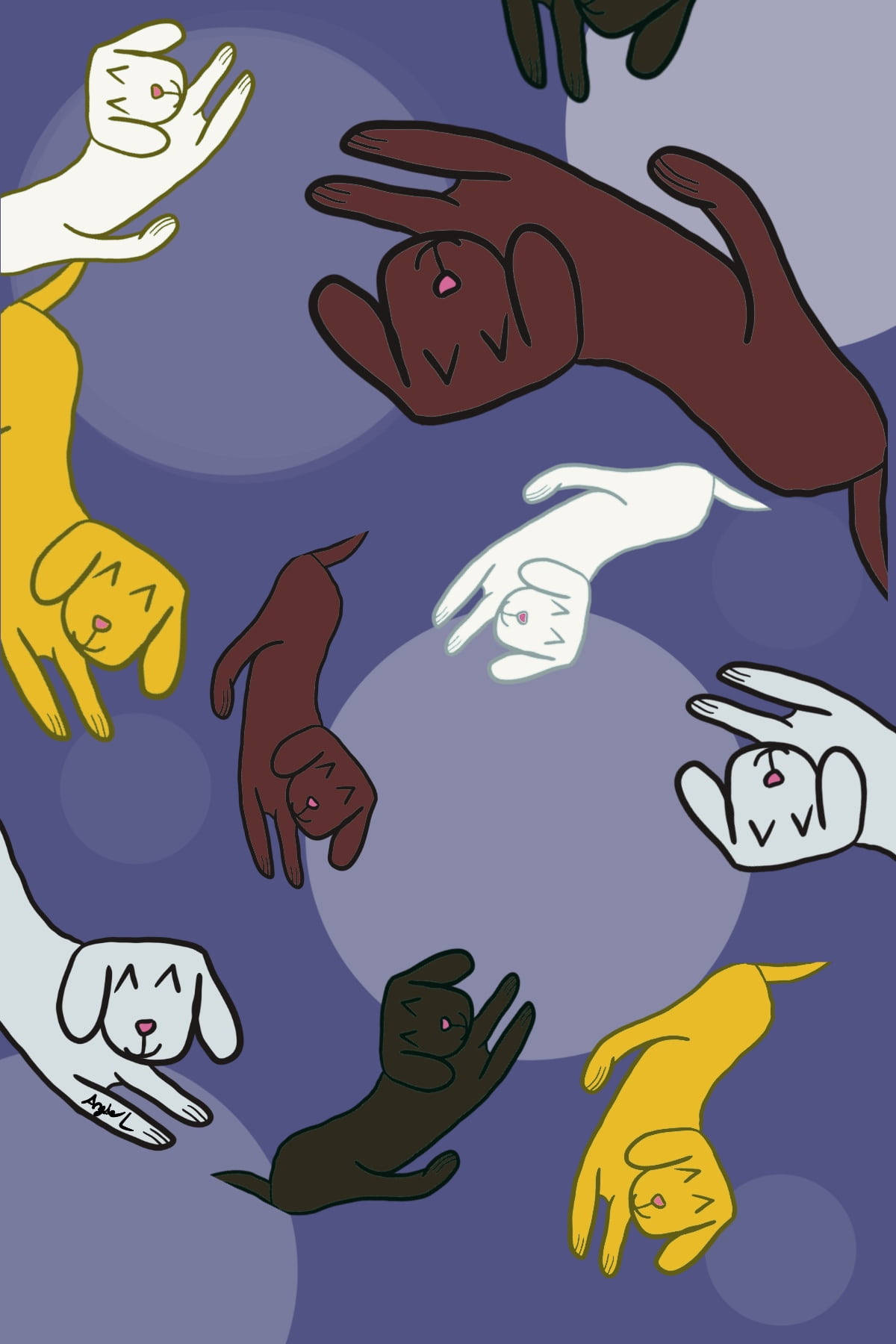 卡通狗 桌布 壁紙 — 插圖卡通狗和貓以各種姿勢漂浮在紫色漸變背景上。