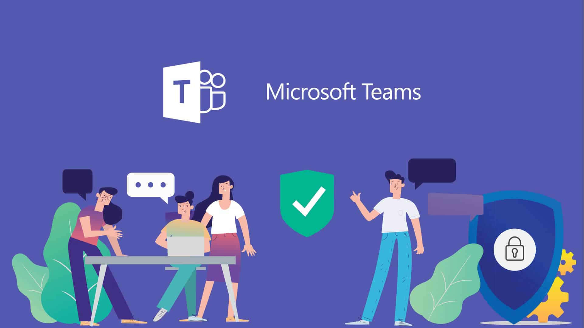 Microsoft Teams 桌布 壁紙 — 插圖團隊圍繞著帶有 Microsoft Teams 標誌和安全圖標的筆記型電腦在紫色背景上協作。