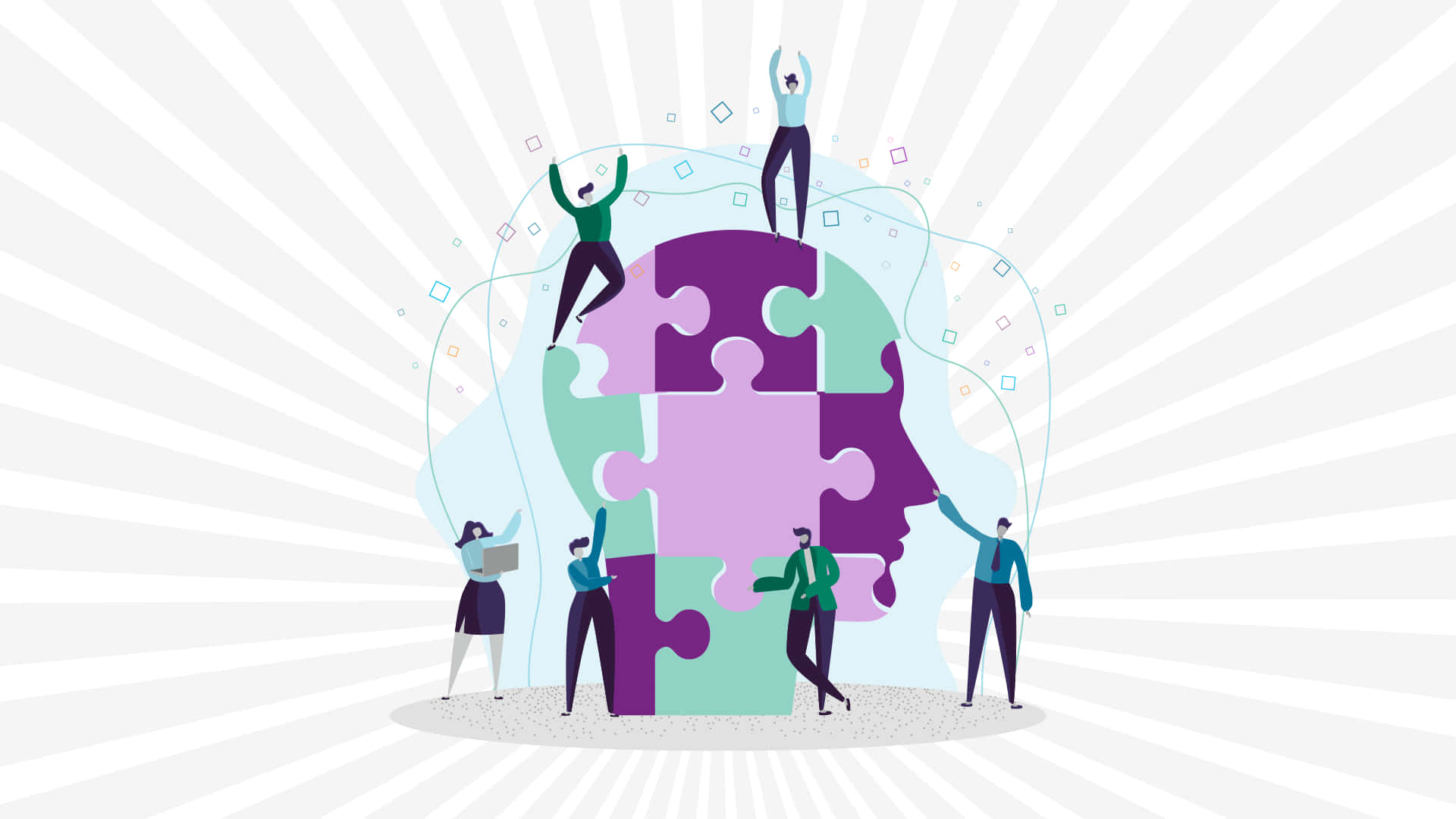 Leadership 桌布 壁紙 — 插圖團隊在陽光背景下組裝一個巨大的人頭形狀拼圖。