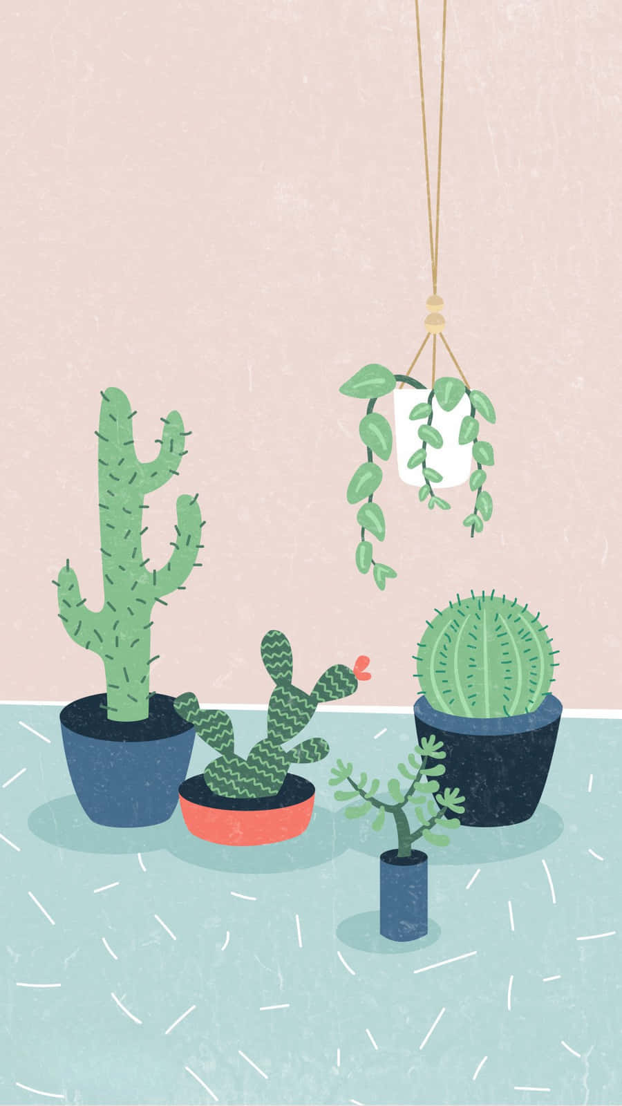 Cactus 桌布 壁紙 — 插圖室內植物，包括仙人掌和懸掛藤蔓，放在色彩繽紛的花盆中，背景是柔和的粉紅色牆壁。