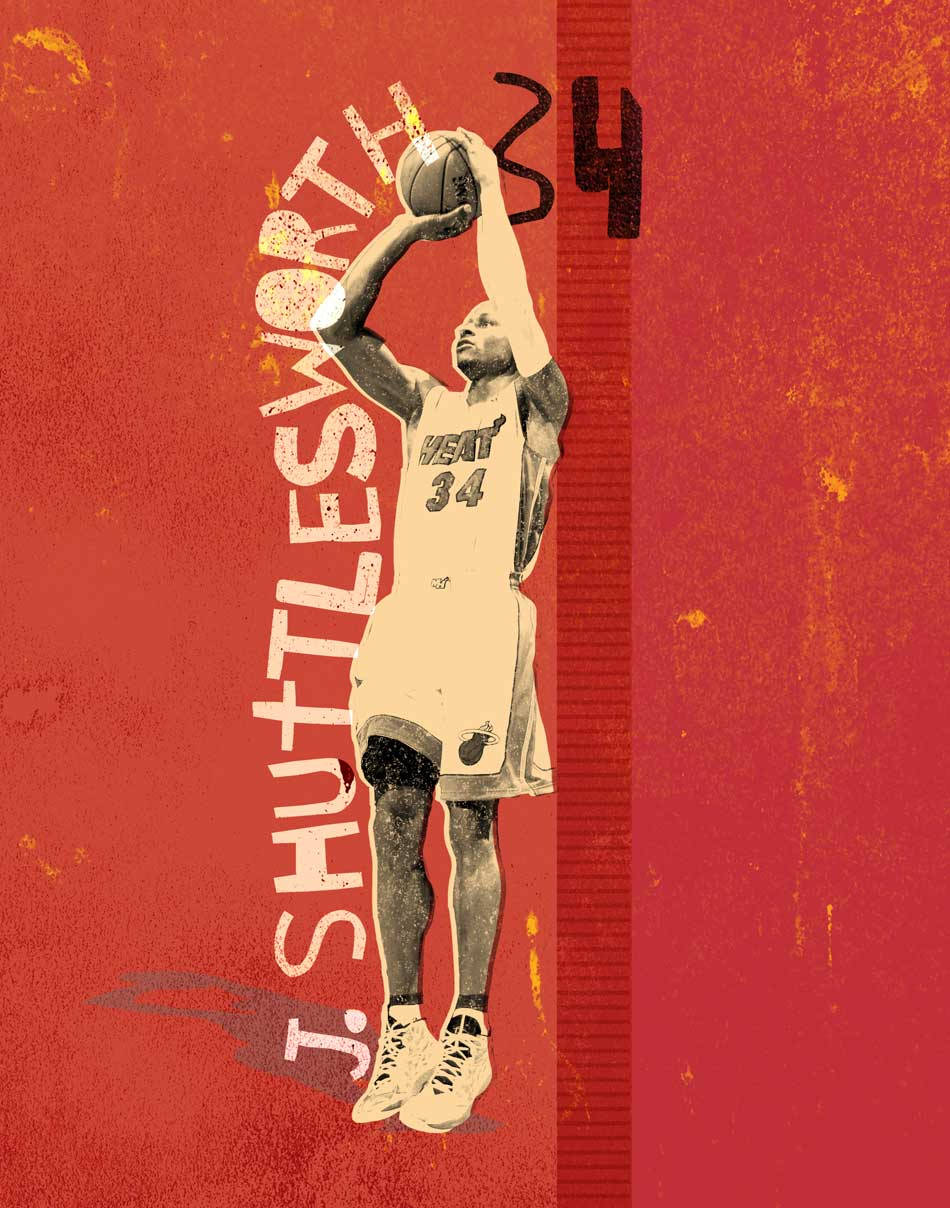 Ray Allen 桌布 壁紙 — 插圖展示身穿邁阿密熱火球衣的籃球運動員J Shuttlesworth，在紋理紅色背景前投籃。