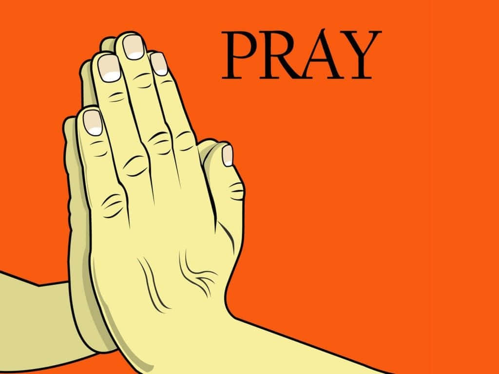 Praying 桌布 壁紙 — 插圖展示雙手合十祈禱，背景為大膽的橙色，並以黑色文字寫上「PRAY」。