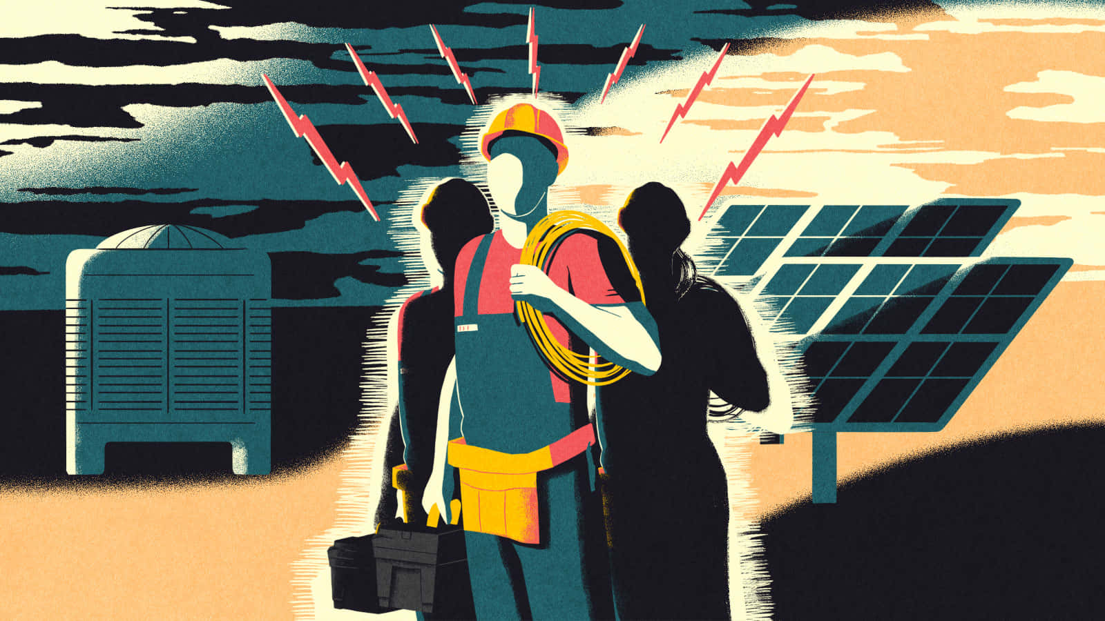 Illustration 桌布 壁紙 — 插圖工人安裝太陽能板，背景是戲劇性的閃電天空，附近有工業設備。