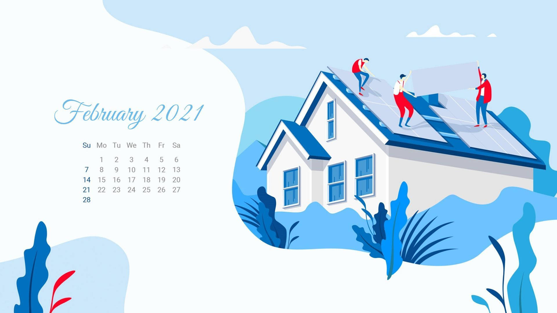 2021 Calendar 桌布 壁紙 — 插圖工人安裝太陽能板在白色房屋屋頂上，背景是柔和藍天和2021年2月日曆。