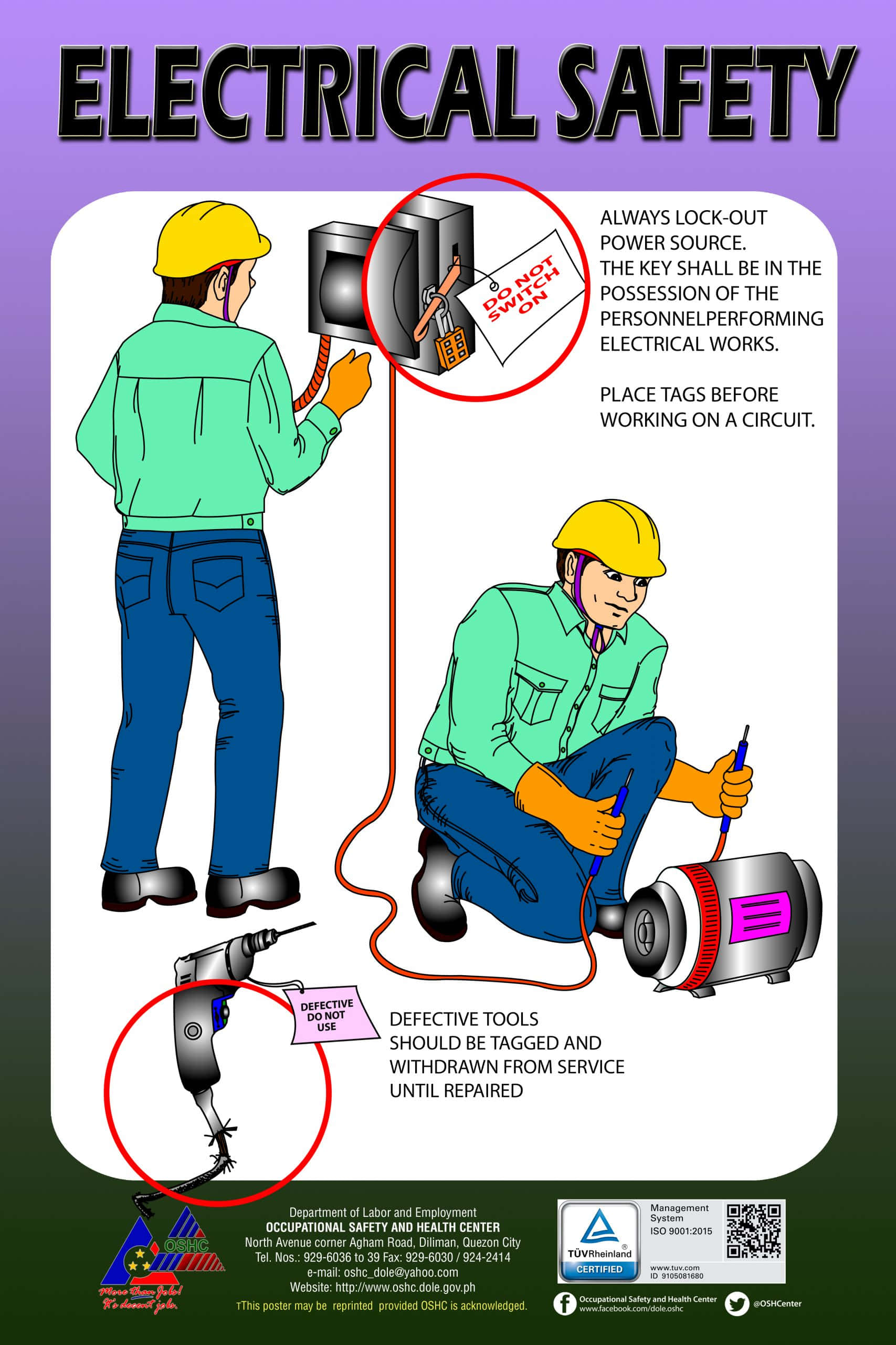 Animated 桌布 壁紙 — 插圖式電力安全海報，顯示工人為電源和缺陷工具貼上清晰警告標籤。