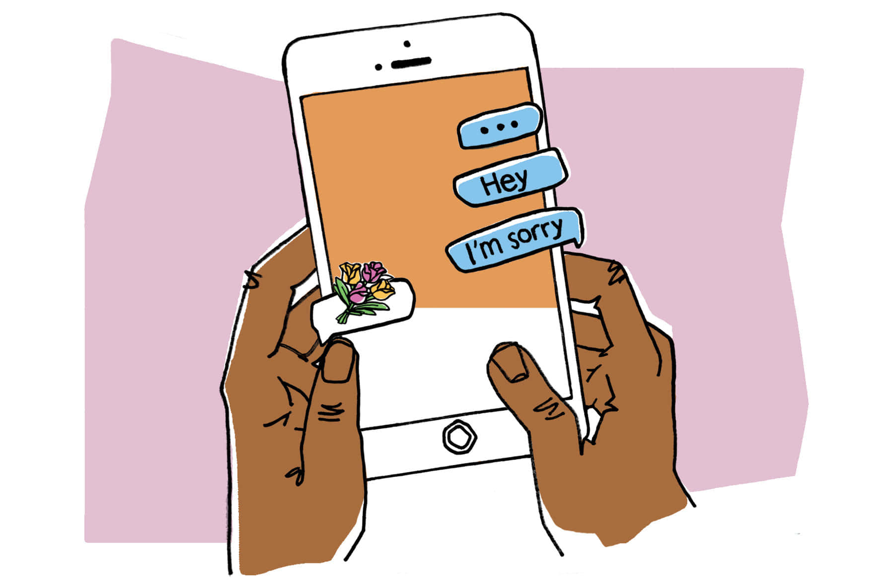 Im Sorry 桌布 壁紙 — 插圖手部拿著一支顯示文字訊息對話的手機，內容有「Hey I'm sorry」和一個花朵貼紙。
