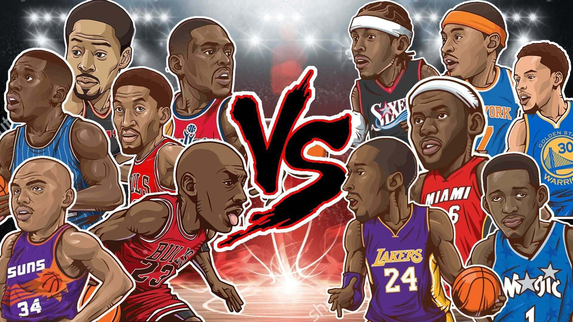 Best NBA 桌布 壁紙 — 插圖拼貼，經典籃球運動員在發光球場背景下以大膽的VS圖形對峙。