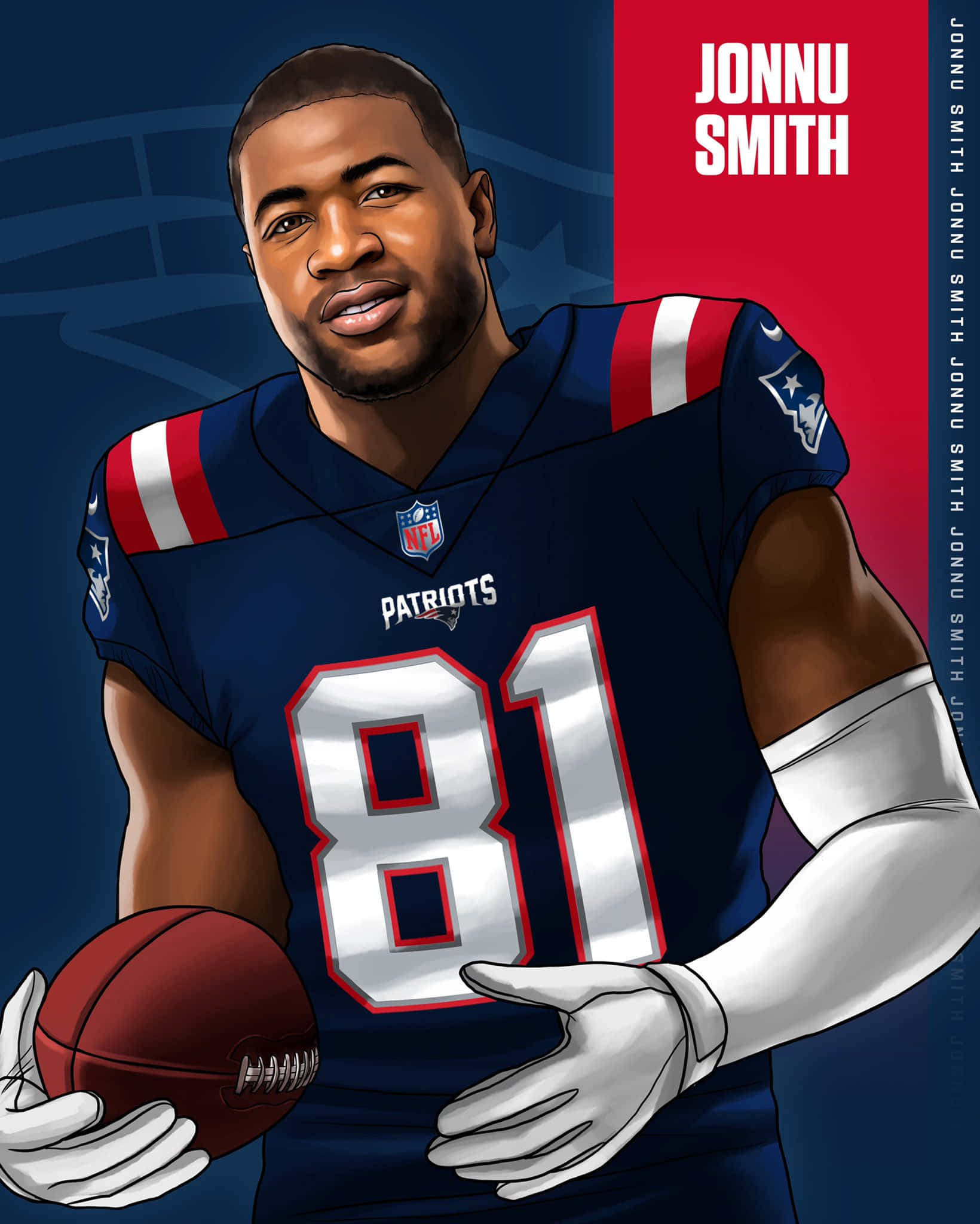 Jonnu Smith 桌布 壁紙 — 插圖描繪NFL球員Jonnu Smith身穿Patriots球衣，在藍紅背景前手持美式足球。