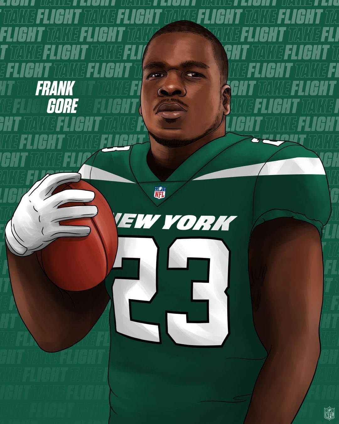 Ny Jets 桌布 壁紙 — 插圖描繪NFL球員法蘭克·戈爾身穿綠色紐約球衣，手持橄欖球，背景為重複的「take flight」文字。