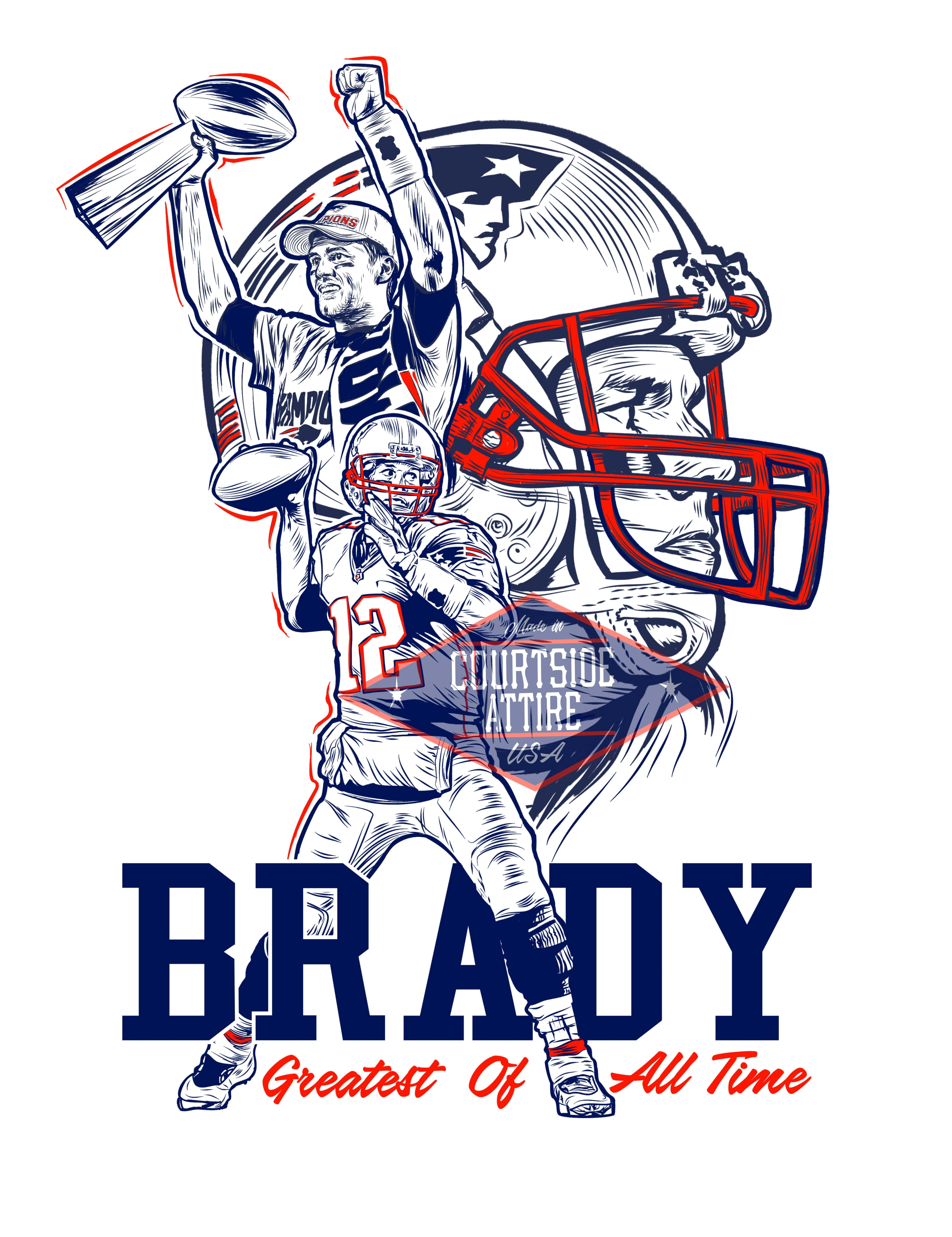 Tom Brady Goat 桌布 壁紙 — 插圖描繪足球員布雷迪以獎盃和頭盔圖案慶祝，採用大膽的紅、藍、白色。