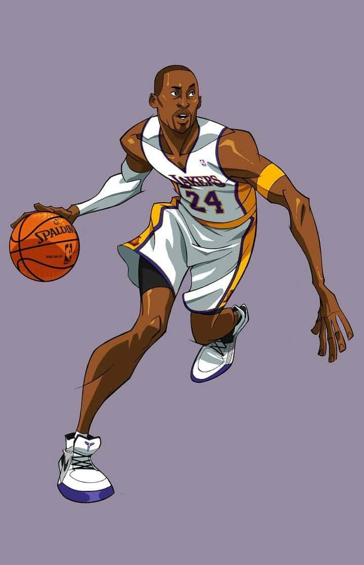 科比· Bryant 桌布 壁紙 — 插圖描繪身穿湖人隊球衣的籃球運動員柯比·布萊恩在純紫色背景上運球時，正在運一個Spalding籃球。