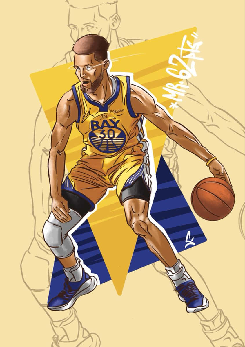 桌布 壁紙 — 插圖描繪身穿金州勇士隊球衣的籃球運動員史蒂芬柯瑞，以動態線條運球。