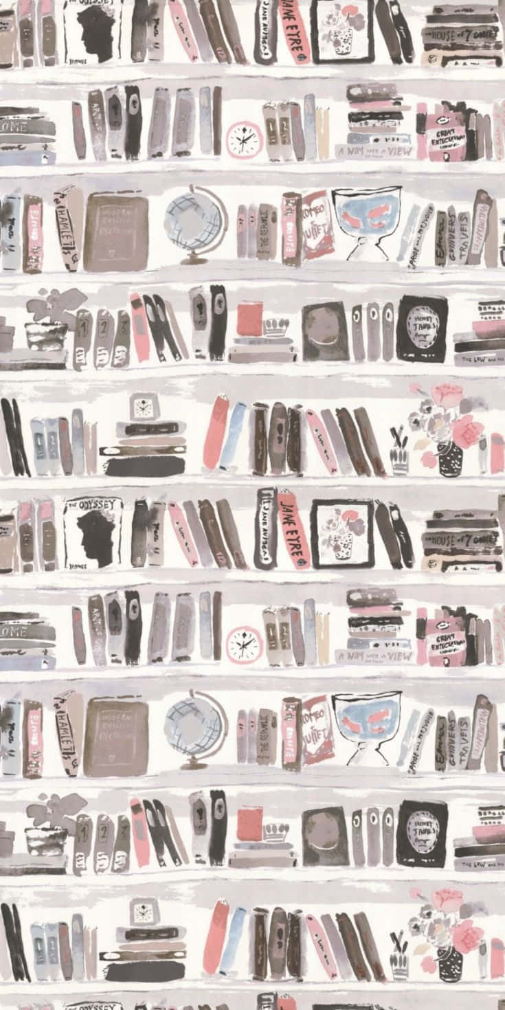 books 桌布 壁紙 — 插圖書架，裝滿了柔和色調的復古書籍、地球儀和小擺設。