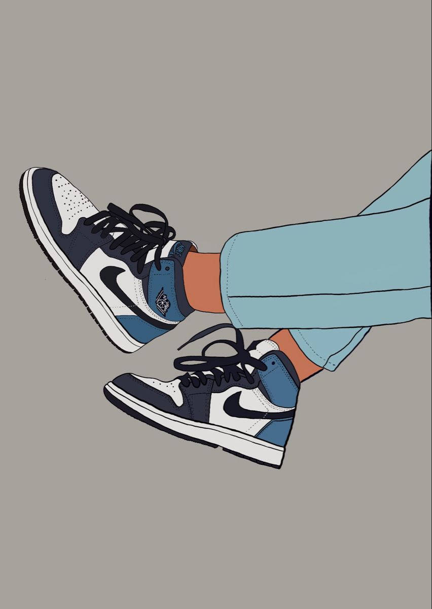 Nike iPhone 桌布 壁紙 — 插圖特寫，展示穿著藍白色運動鞋和淺藍色褲子的雙腳，背景為柔和的灰色。