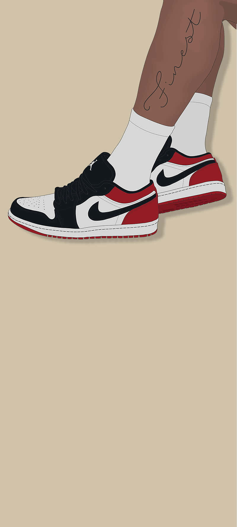 Dope Jordan 桌布 壁紙 — 插圖特寫：雙腳穿著紅、黑、白色Nike運動鞋，搭配白色襪子，小腿有刺青，背景為米色。