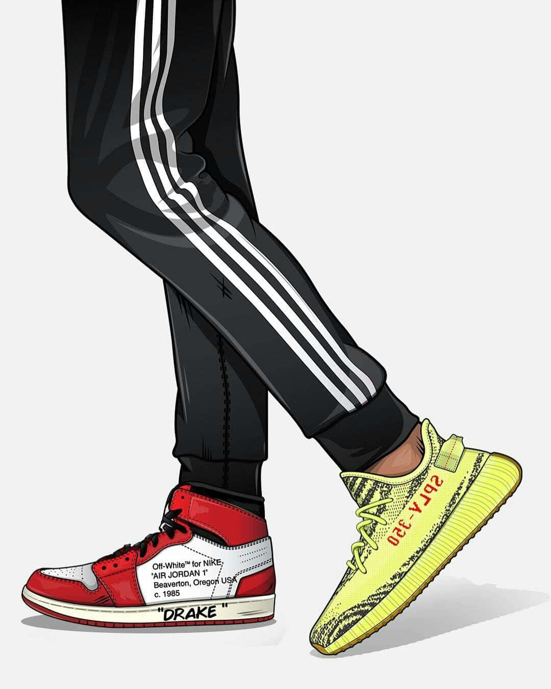 Footwear Design 桌布 壁紙 — 插圖特寫一個人穿著對比鮮明的紅白和螢光黃運動鞋，搭配黑色運動褲，背景為純色。