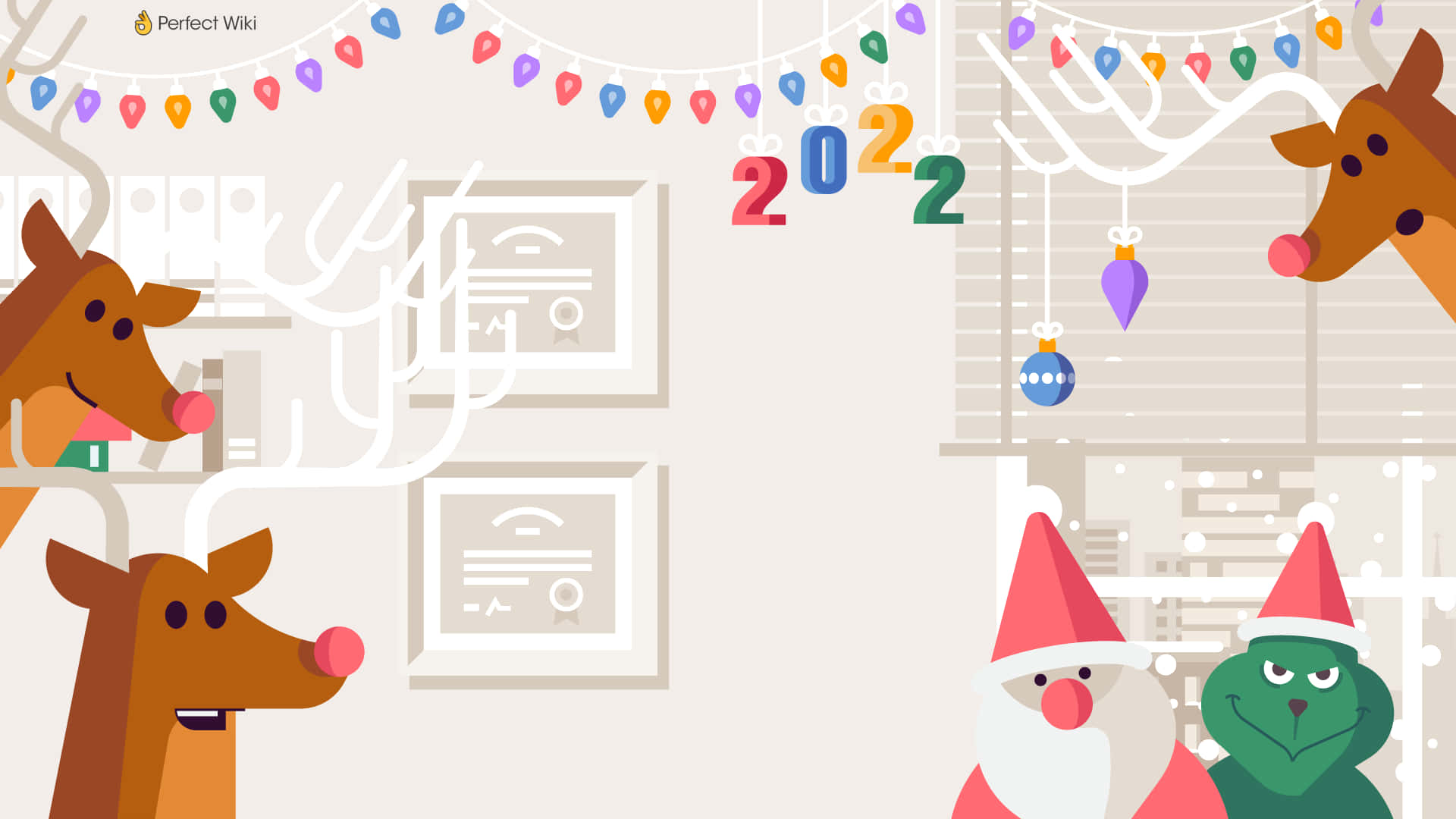 Teams Christmas 桌布 壁紙 — 插圖節日場景，馴鹿、聖誕老人和鬼靈精在色彩繽紛的2022年節日燈飾和裝飾品下。