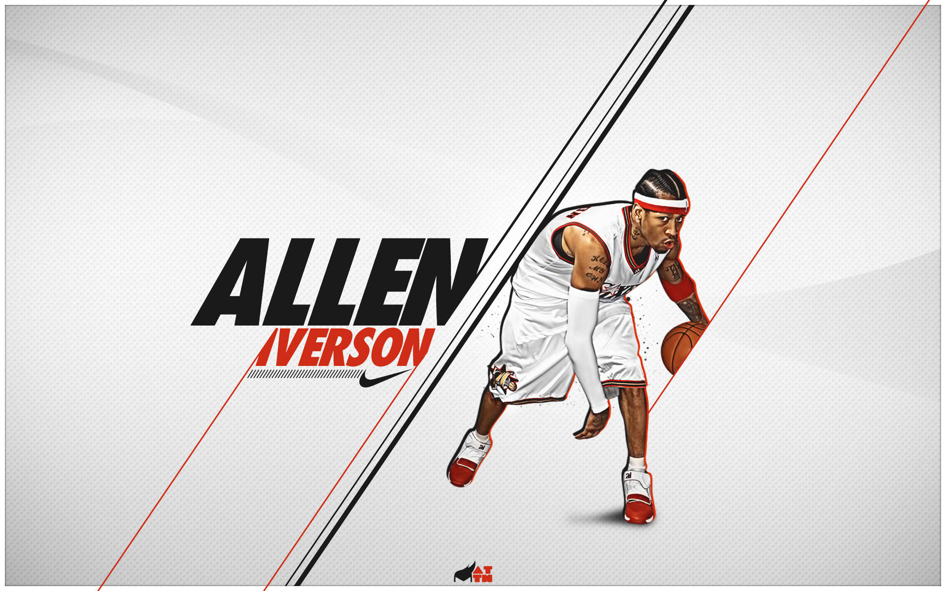 NBA 桌布 壁紙 — 插圖籃球運動員 Allen Iverson 身穿白色球衣，在紋理灰色背景上以動態對角線和粗體文字運球。