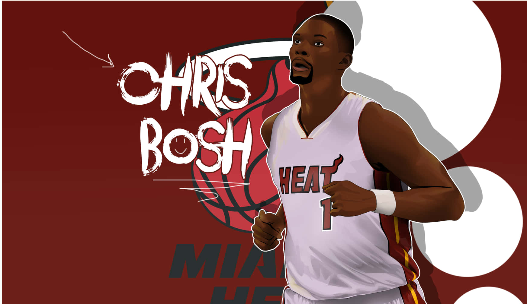 NBA 桌布 壁紙 — 插圖籃球運動員Chris Bosh身穿白色邁阿密熱火球衣，背景為大膽的紅白圖形。