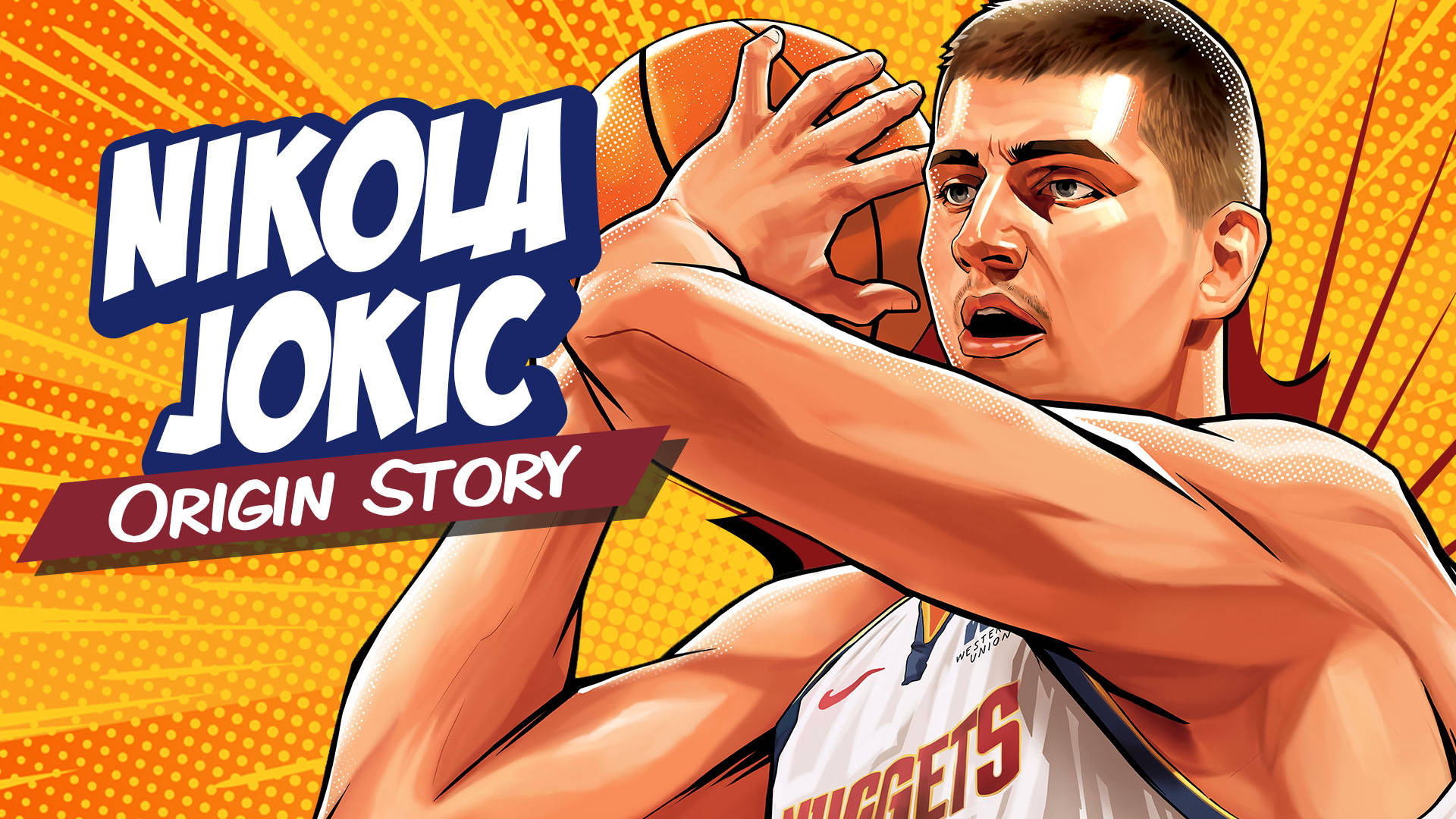Jokic 桌布 壁紙 — 插圖籃球運動員尼古拉·約基奇在鮮黃色漫畫背景前擺出動作姿勢。