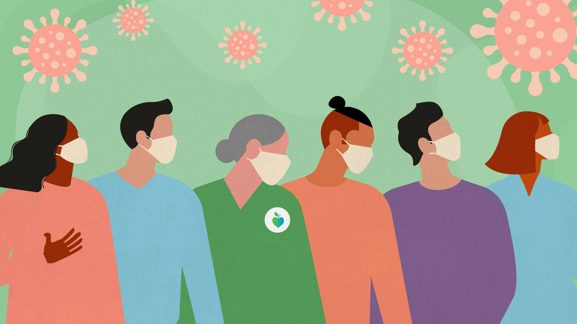 Coronavirus 桌布 壁紙 — 插圖組，不同人士佩戴口罩，站在綠色背景上漂浮的病毒圖示下方。