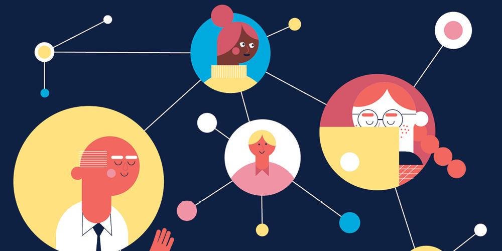 Teamwork 桌布 壁紙 — 插圖網絡，展示不同人士在色彩繽紛的圓圈中，以線條連接，背景為深藍色。