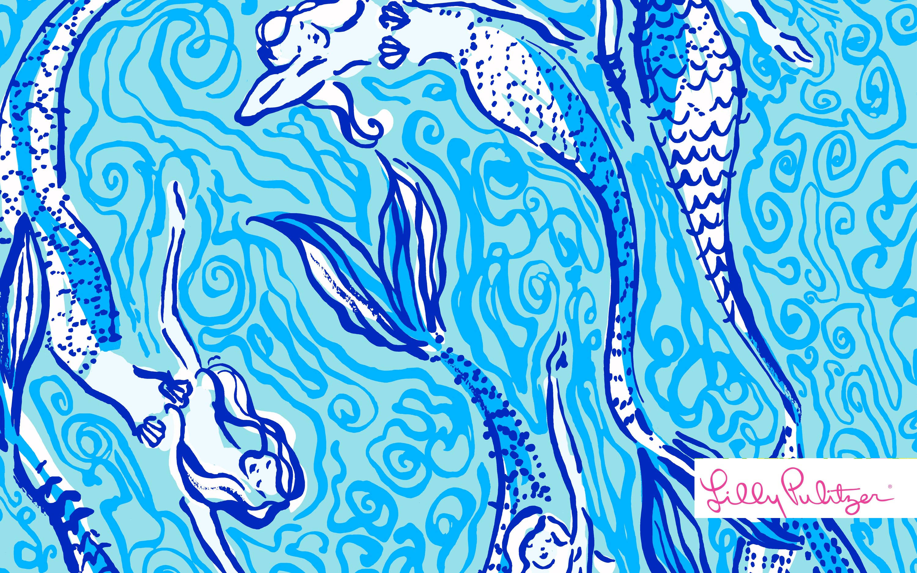 圖案 桌布 壁紙 — 插圖美人魚在旋轉的藍色海水中游動，呈現俏皮圖案設計。