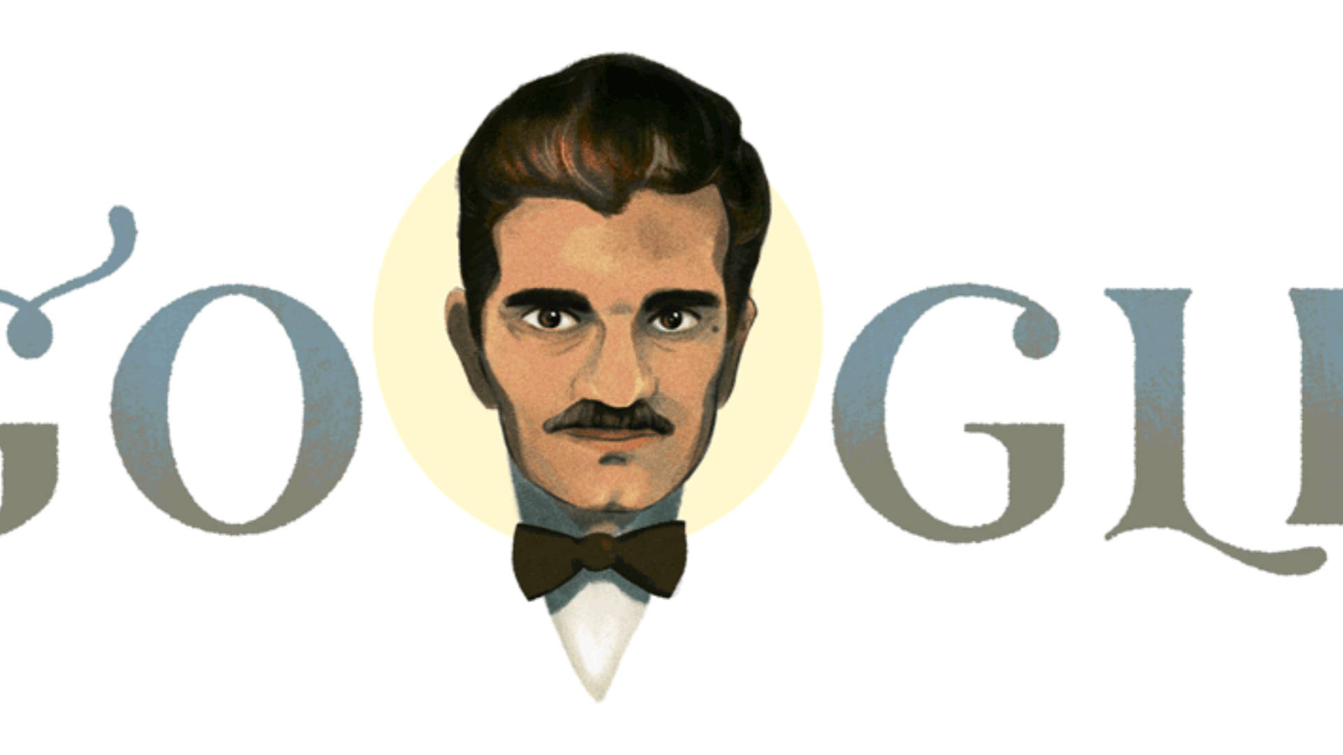 Animated 桌布 壁紙 — 插圖肖像，一位留鬍鬚、戴領結的男子，位於 Google Doodle 標誌中央。