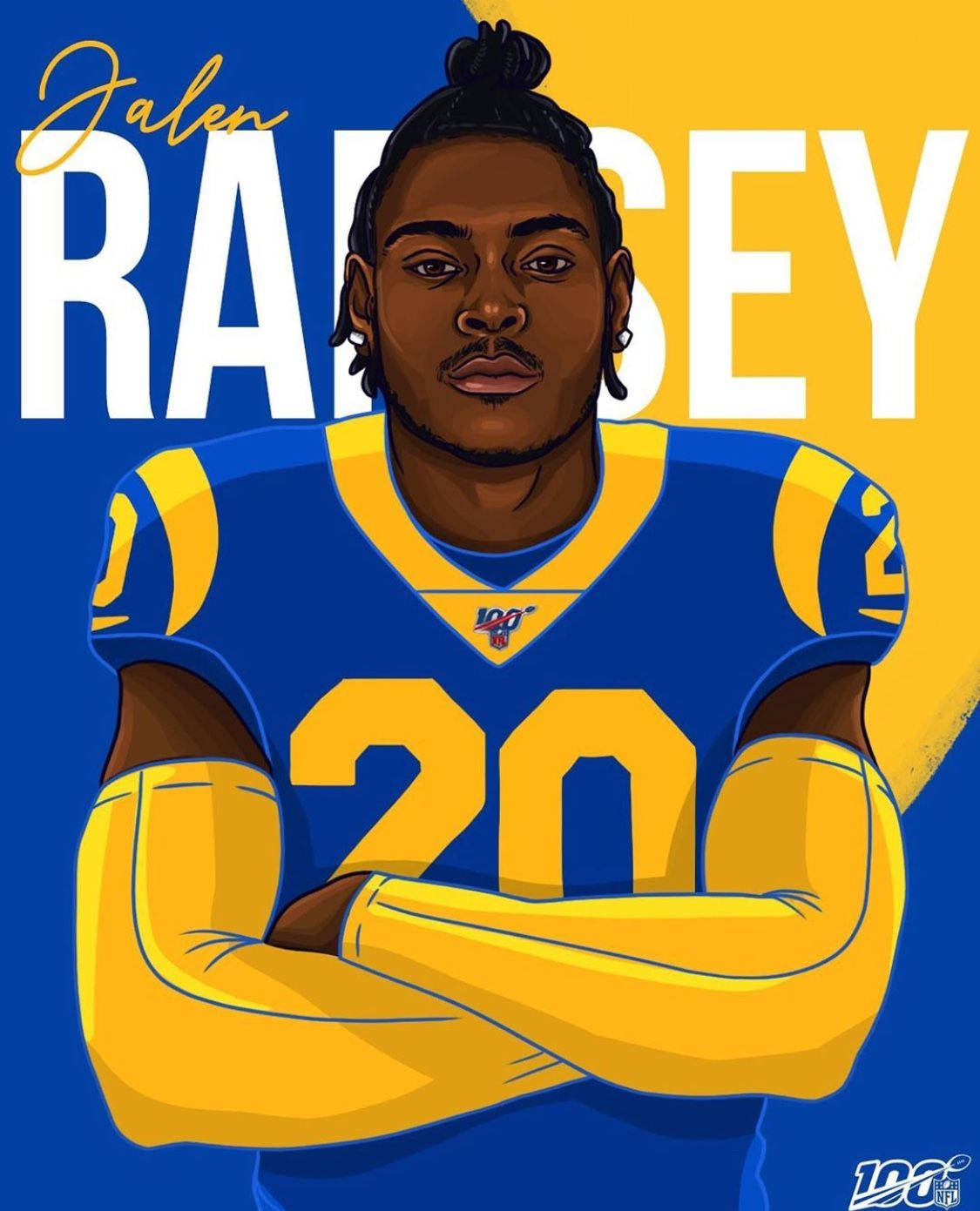 Ramsey 桌布 壁紙 — 插圖肖像，描繪美式足球員 Jalen Ramsey 身穿藍金配色公羊隊球衣，雙臂交叉，背景為大膽的藍黃色。