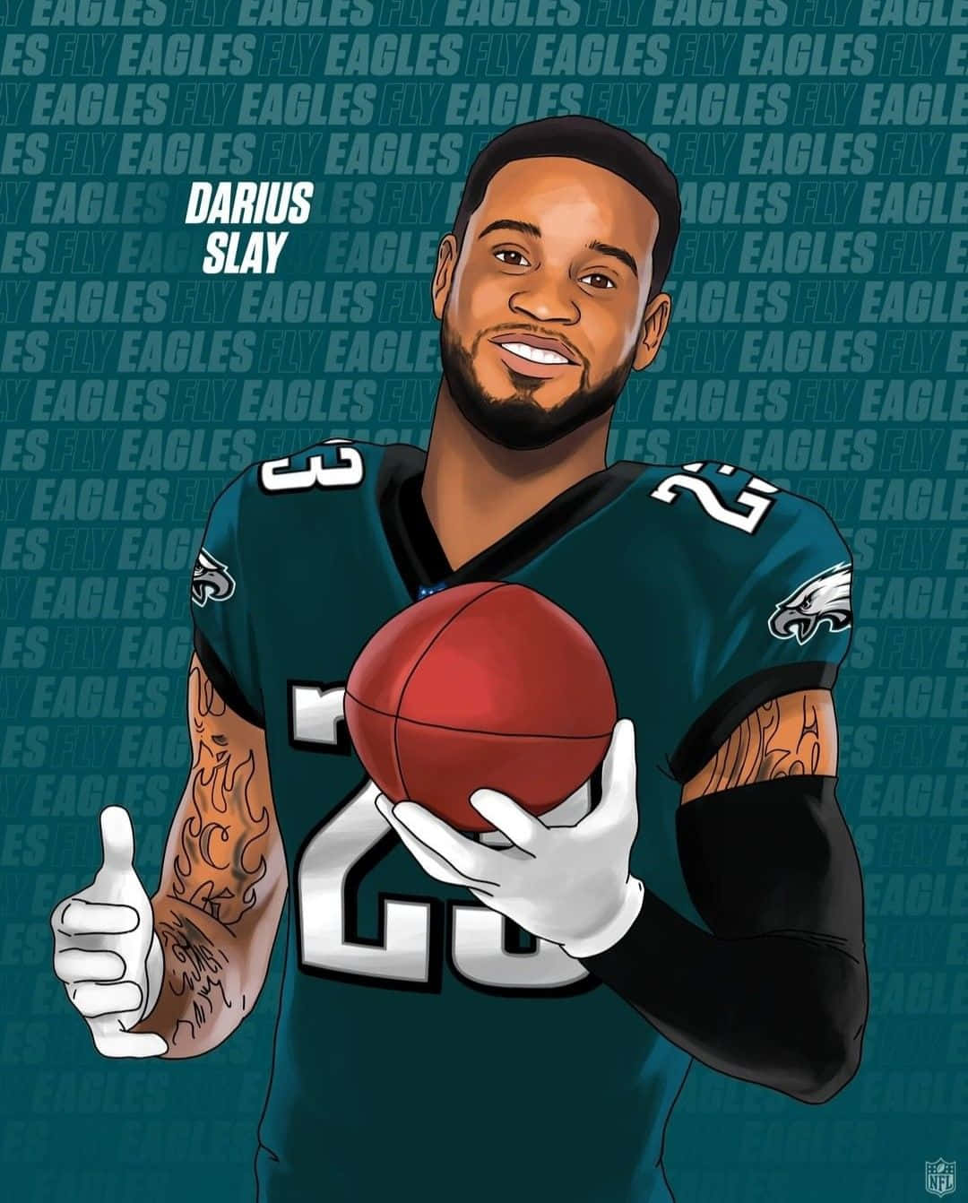 足球 桌布 壁紙 — 插圖足球員 Darius Slay 身穿 Eagles 球衣，手持籃球，豎起大拇指，背景為重複的 'Eagles Fly' 圖案。