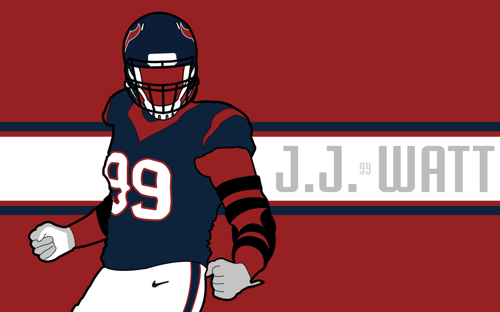 Jj Watt 桌布 壁紙 — 插圖足球員 J.J. Watt 身穿海軍藍和紅色制服，號碼 99，在帶有白色條紋的大膽紅色背景上奔跑。