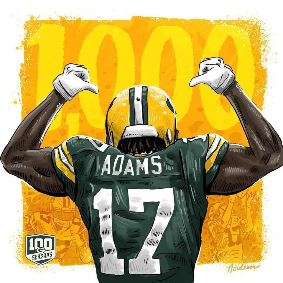 Davante Adams 桌布 壁紙 — 插圖足球員亞當斯17號向後彎腰對著鏡頭，背景為大膽的黃色1000。