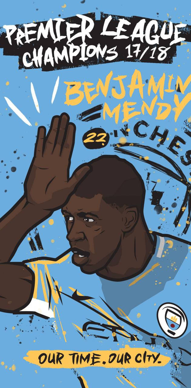 Mendy 桌布 壁紙 — 插圖足球員班傑明·門迪身穿藍色球衣，在濺藍色背景上舉手敬禮。