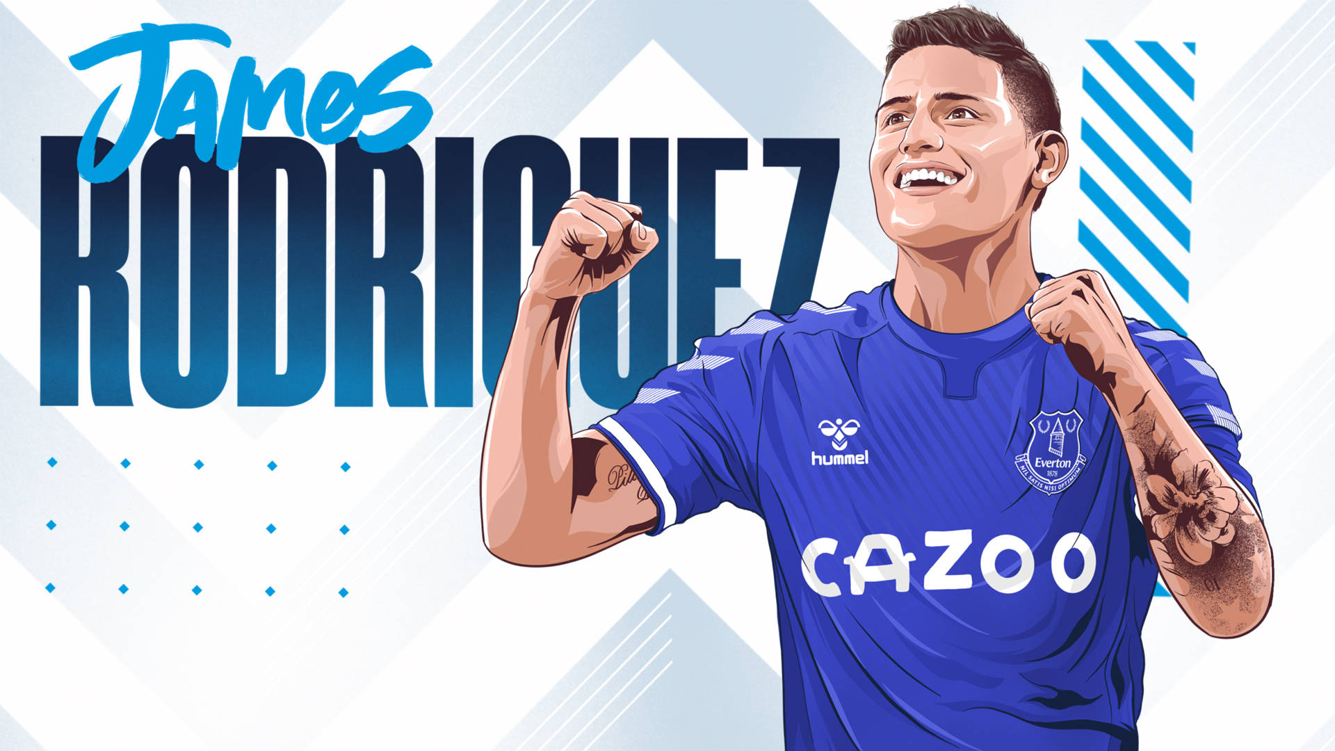 James Rodriguez 桌布 壁紙 — 插圖足球員詹姆斯·羅德里格斯身穿藍色艾佛頓球衣，在幾何藍白背景下舉起拳頭慶祝。