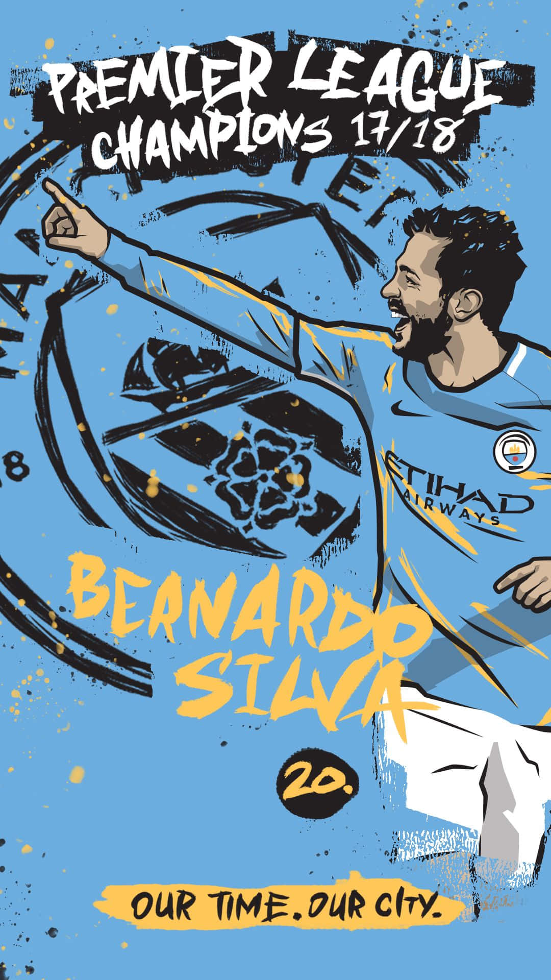 Manchester City iPhone 桌布 壁紙 — 插圖足球員貝爾納多·席爾瓦身穿藍色球衣，以動態筆觸藝術慶祝英超聯賽勝利。