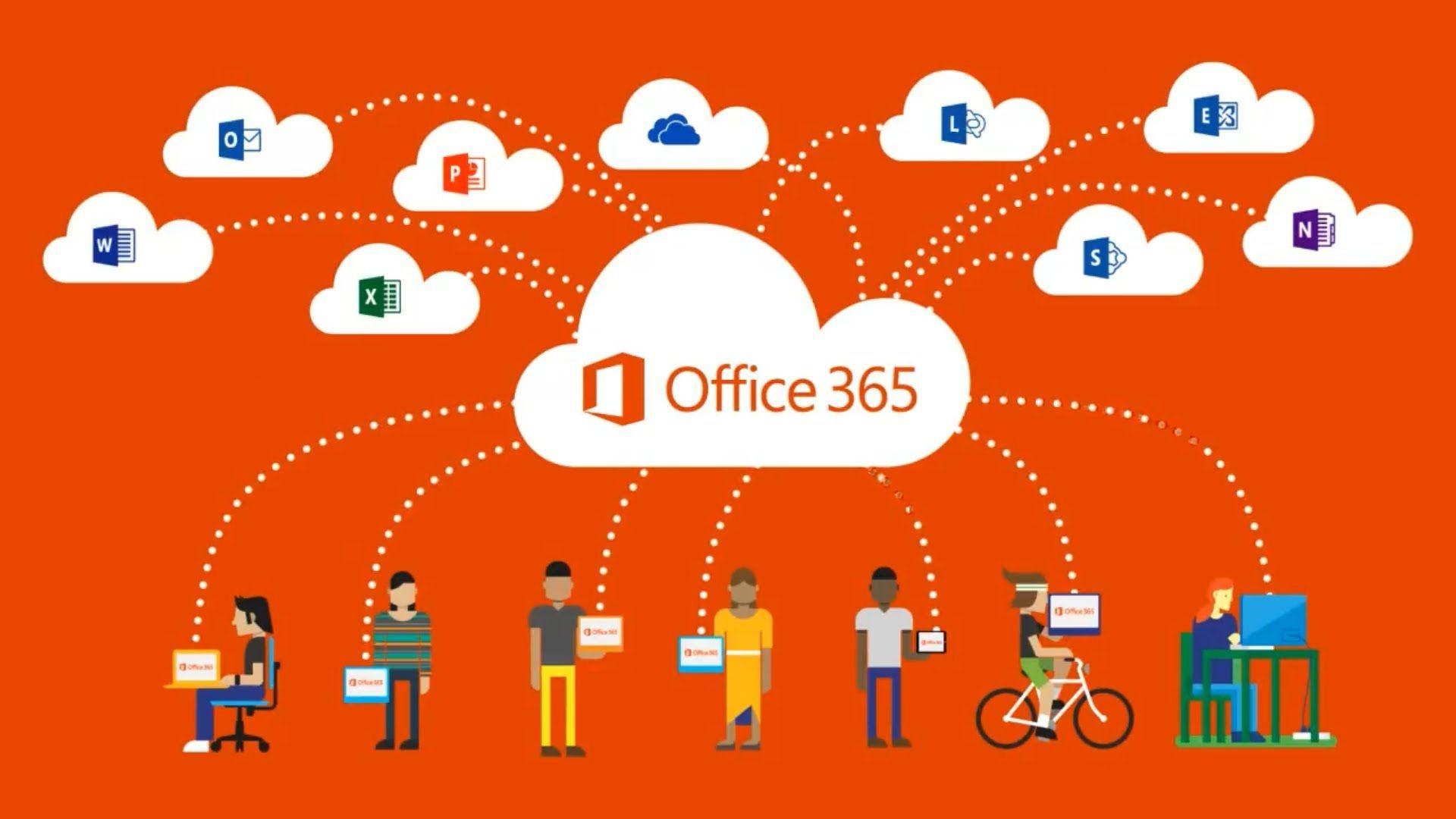 Office 365 桌布 壁紙 — 插圖顯示人們從筆記型電腦、平板電腦和手機使用 Office 365 應用程式，並以虛線連接到雲端圖示。