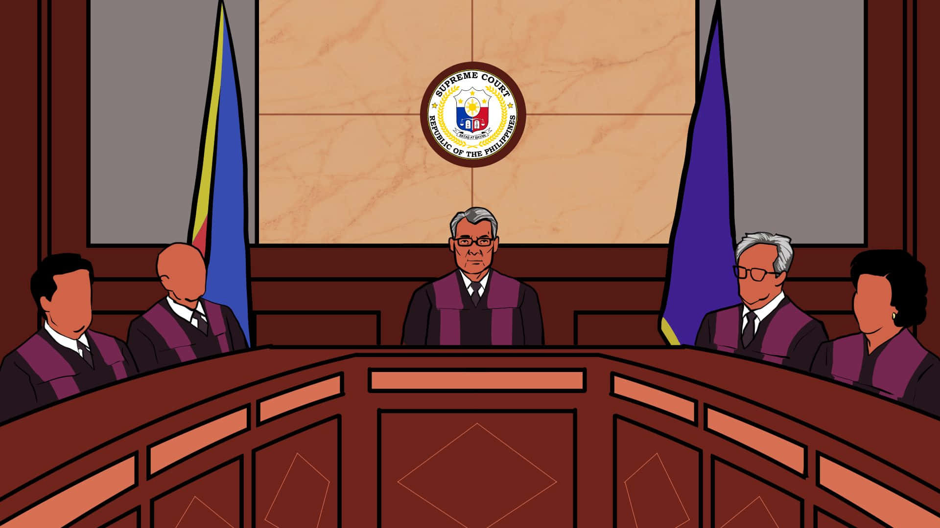 Courtroom 桌布 壁紙 — 插圖顯示身穿紫色長袍的最高法院法官坐在木凳上，下方有菲律賓國徽和國旗。