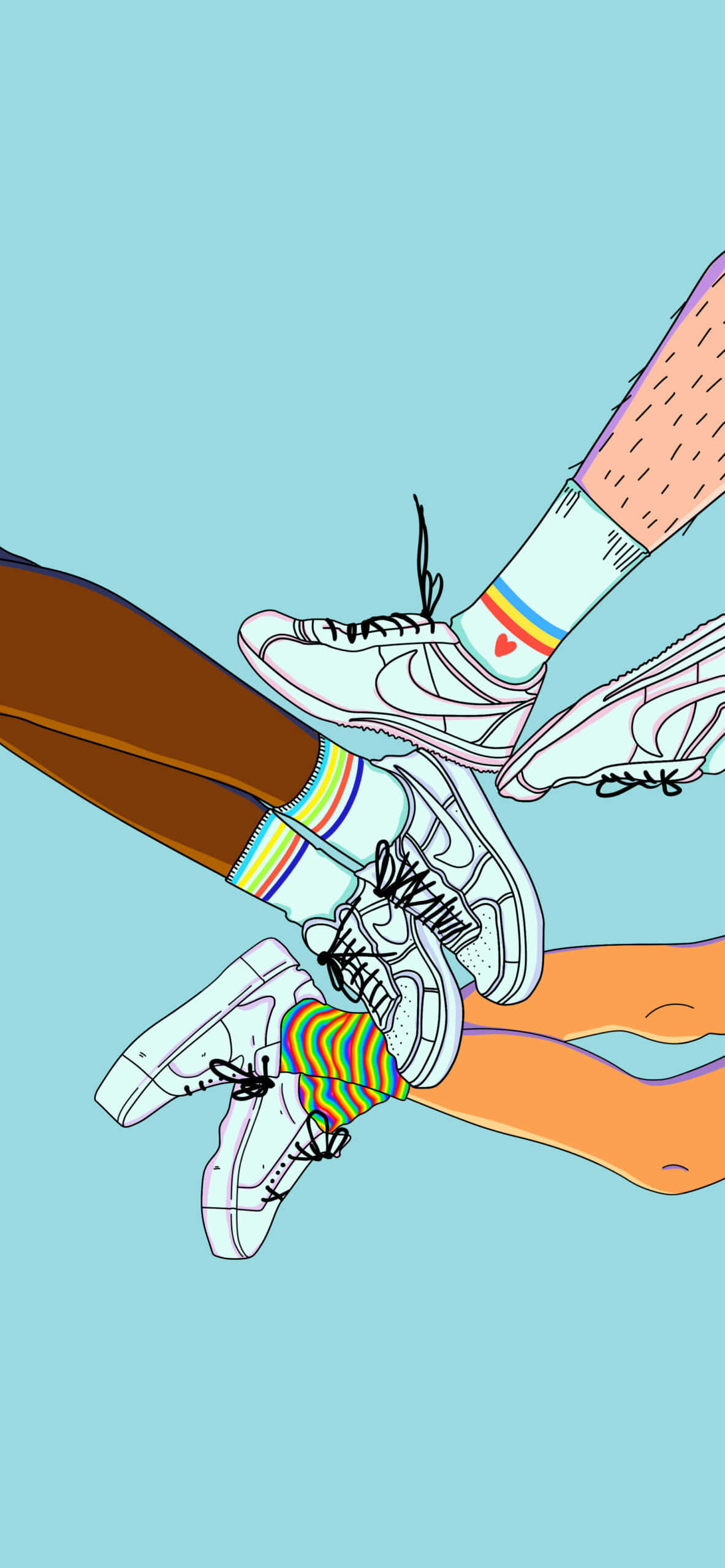 Sneakerhead 桌布 壁紙 — 插圖顯示雙腿穿著彩色條紋襪子和白色運動鞋，交叉在淺藍色背景上。