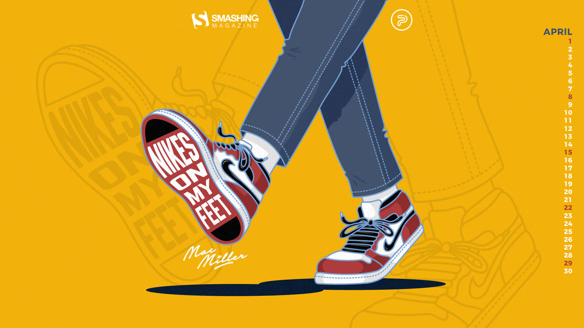 Off White Desktop 桌布 壁紙 — 插圖顯示雙腿穿著紅白藍色運動鞋，鞋底有「NIKES ON MY FEET」字樣，背景為鮮黃色。